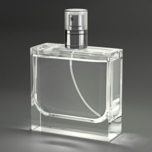 Ein schlichter, transparenter Parfümflakon aus klarem Glas vor einem neutralen grauen Hintergrund, der minimalistisches Design und moderne Einfachheit verkörpert.